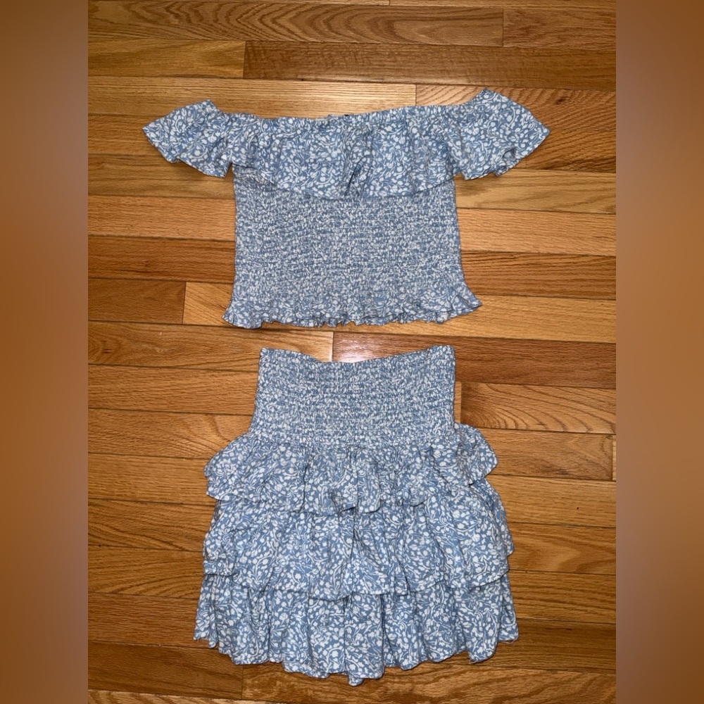 Miss Selfie Blue Floral Smocked Two Piece Off Shoulder Set Ruffle Mini Skirt S